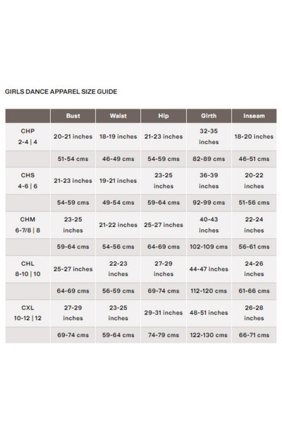 Size Chart Taille Nike Garcon BLOCH CL5342 GIRLS TIFFANY SHORT