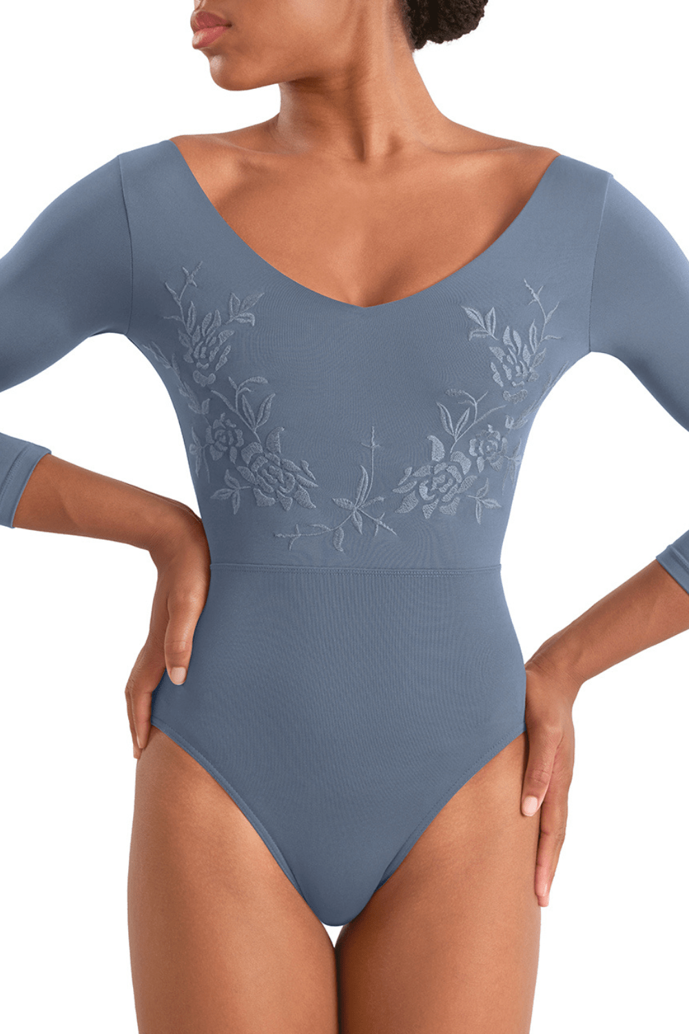 MIRELLA M60003LM WOMEN V-NECK 3/4 SLEEVE LEOTARD - The Dance Shoppe