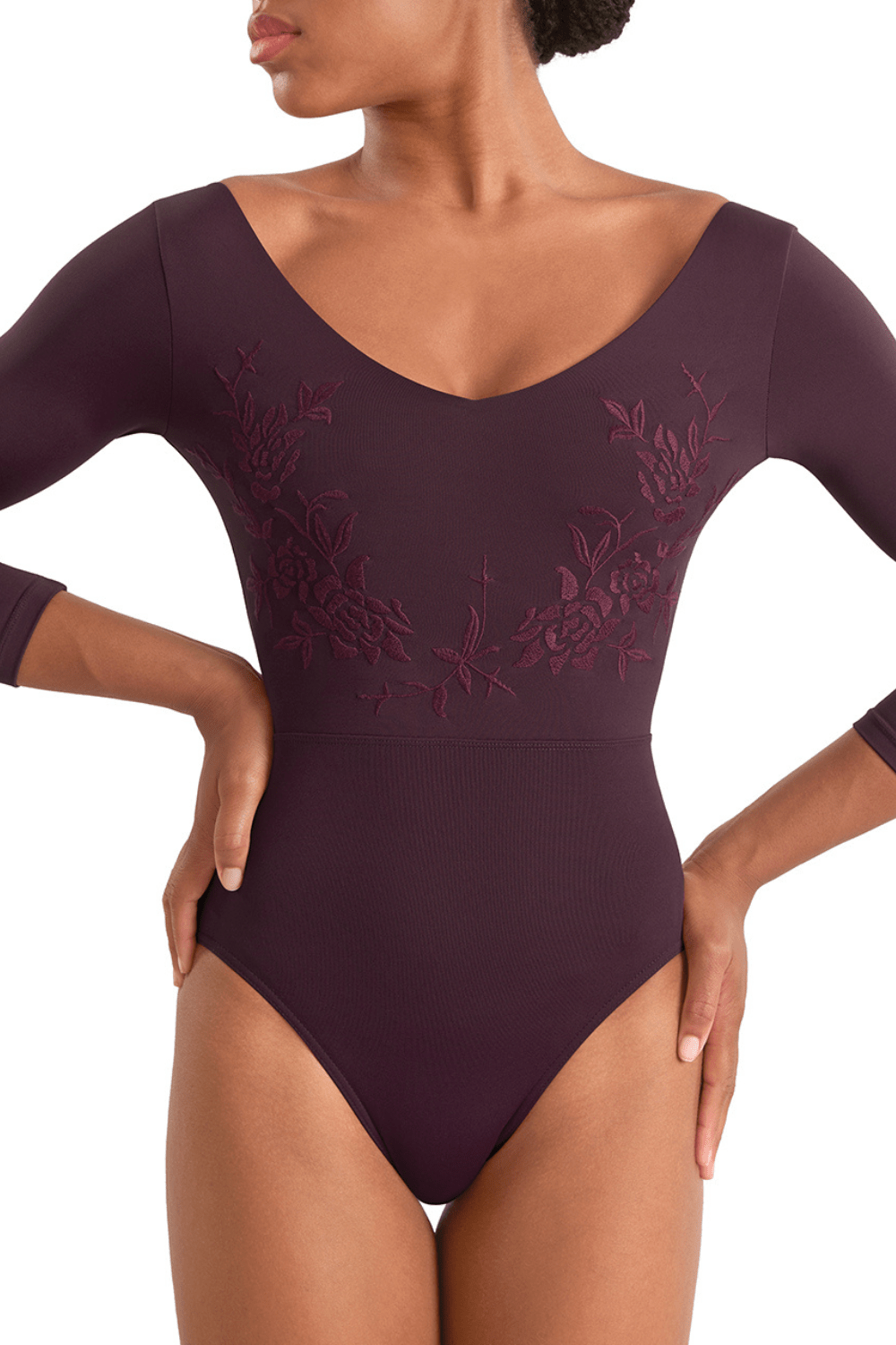 MIRELLA M60003LM WOMEN V-NECK 3/4 SLEEVE LEOTARD - The Dance Shoppe