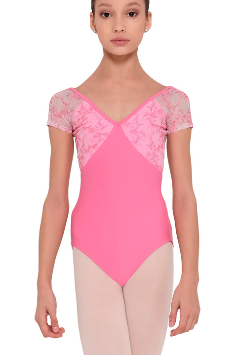 WEAR MOI MIOSOTIS GIRLS EMBROIDERED STRETCH TULLE CAP SLEEVE LEOTARD
